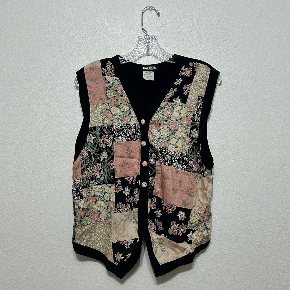 Hot Stuff Black Patchwork Print Floral Button Up Vest Size‎ L 90s Grandmacore